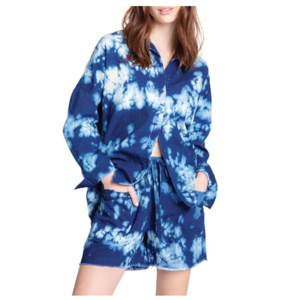 P.J. Salvage Indigo Tie Dye Distressed Pajama Shirt, Blue, Size M